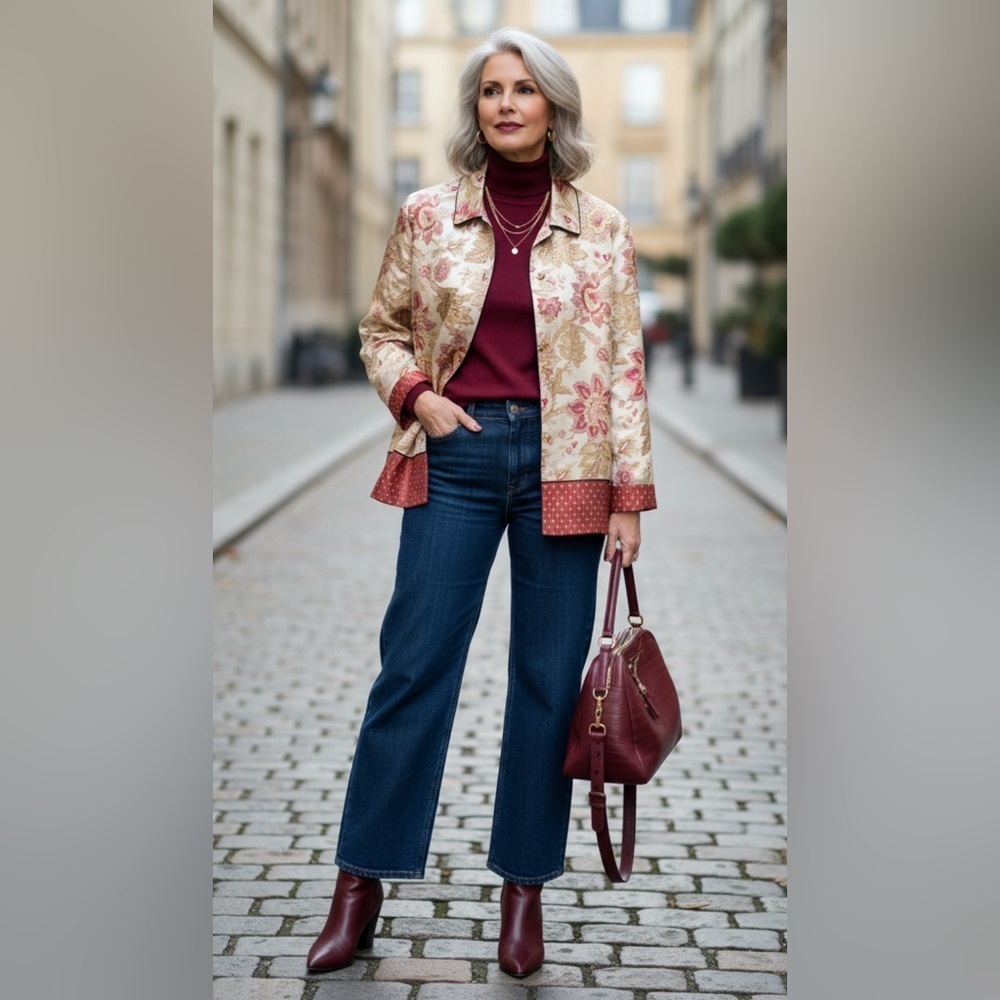 August Max Silk Floral Jacquard Jacket Size 4 Autumnal Sophisticated Chic Fall